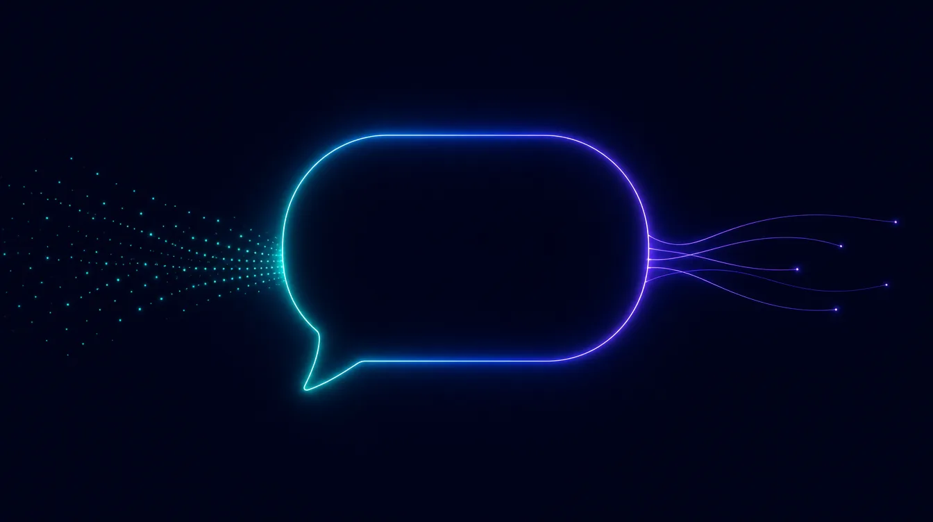 Um balão de conversa desenhado em linha de luz, recebendo pontos de um lado e enviando filamentos do outro.