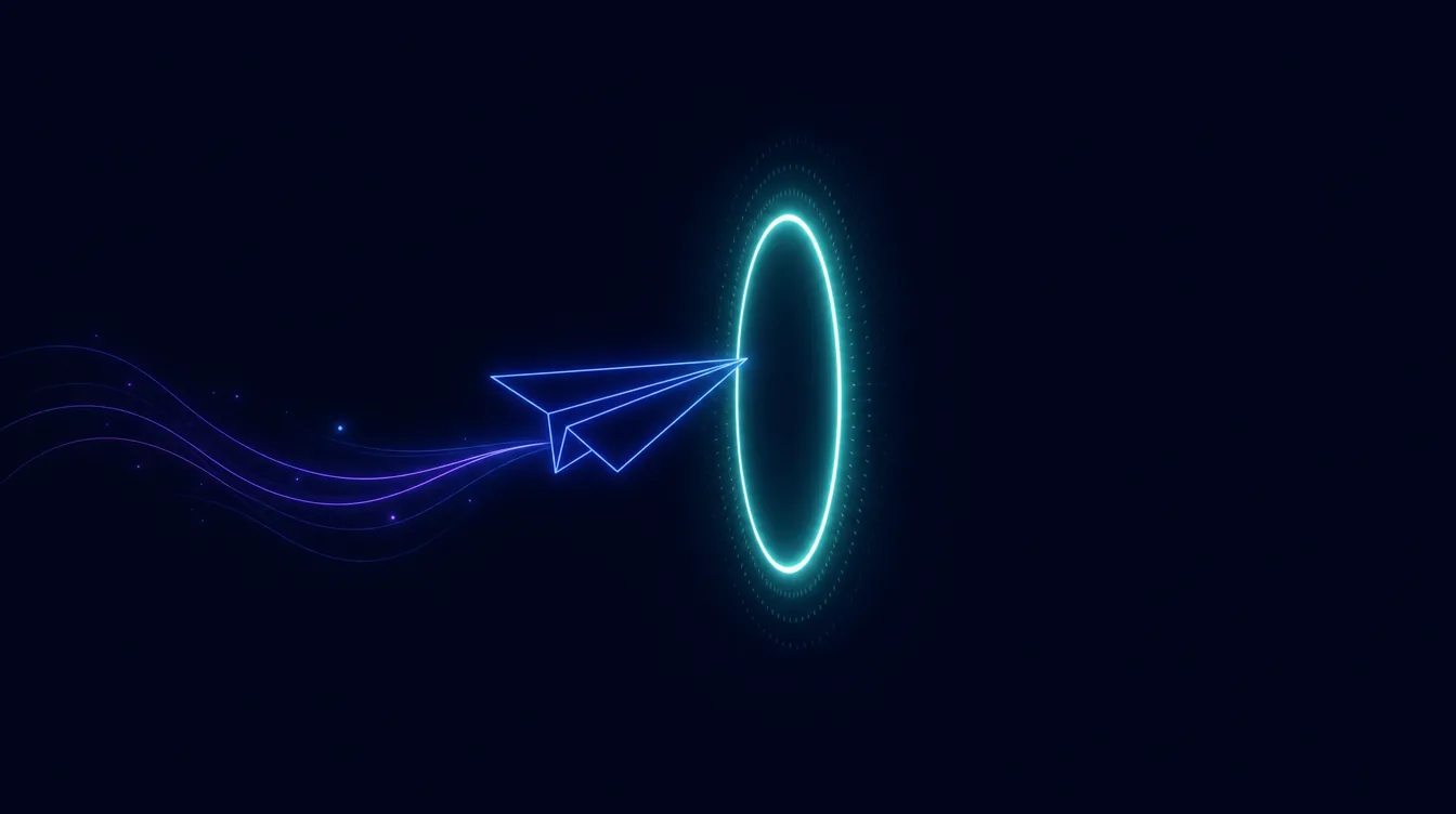 Um avião de papel em linha de luz parado diante de um anel luminoso que ele ainda não atravessou.
