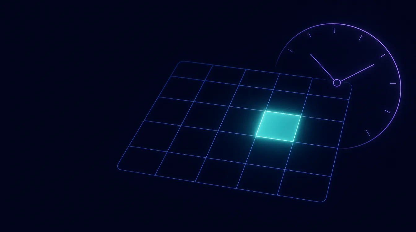 Uma grade de calendário em linhas finas de luz com um único horário aceso, ao lado de um relógio em contorno.