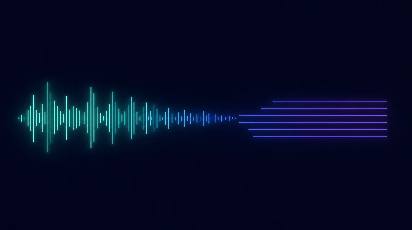 Uma onda sonora luminosa que vai se achatando até virar linhas retas de texto.