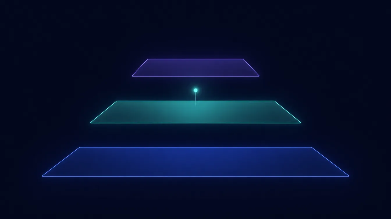 Três plataformas luminosas empilhadas em perspectiva, a do meio mais acesa que as outras.
